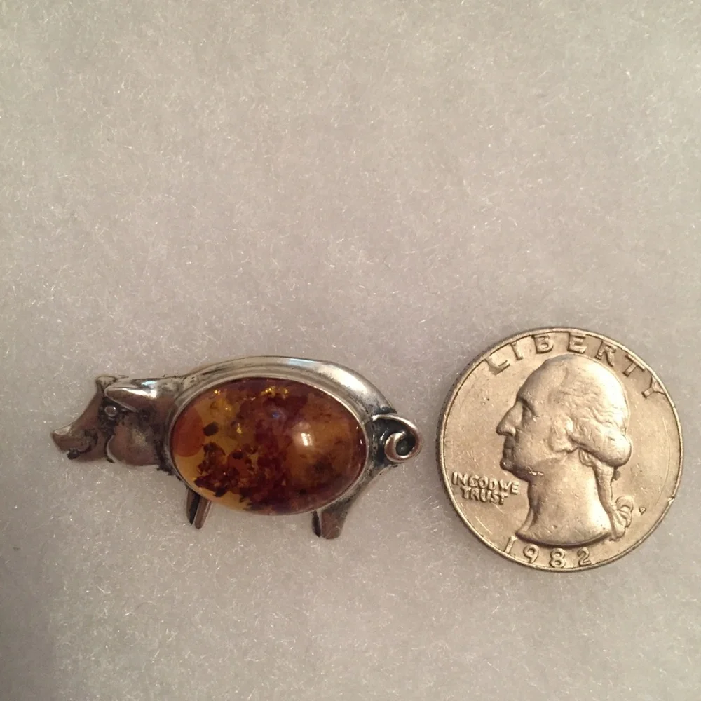BROOCH PIN VINTAGE STERLING SILVER 925 AMBER PIG - Picture 2 of 5